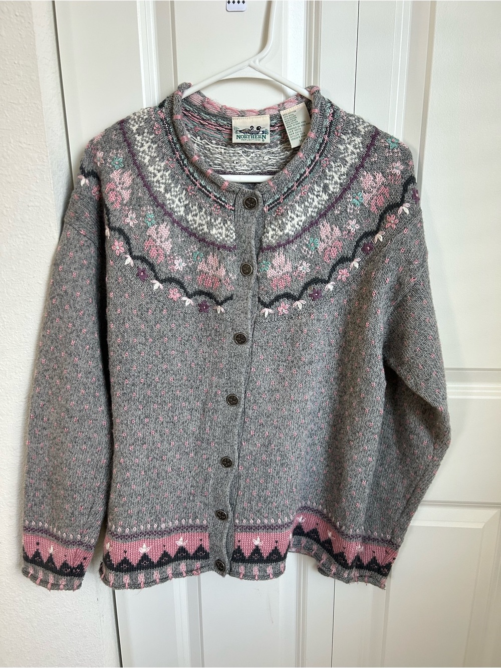 Vintage Northern Reflections Floral Fair Isle Cardigan Sweater M Gray Pink
